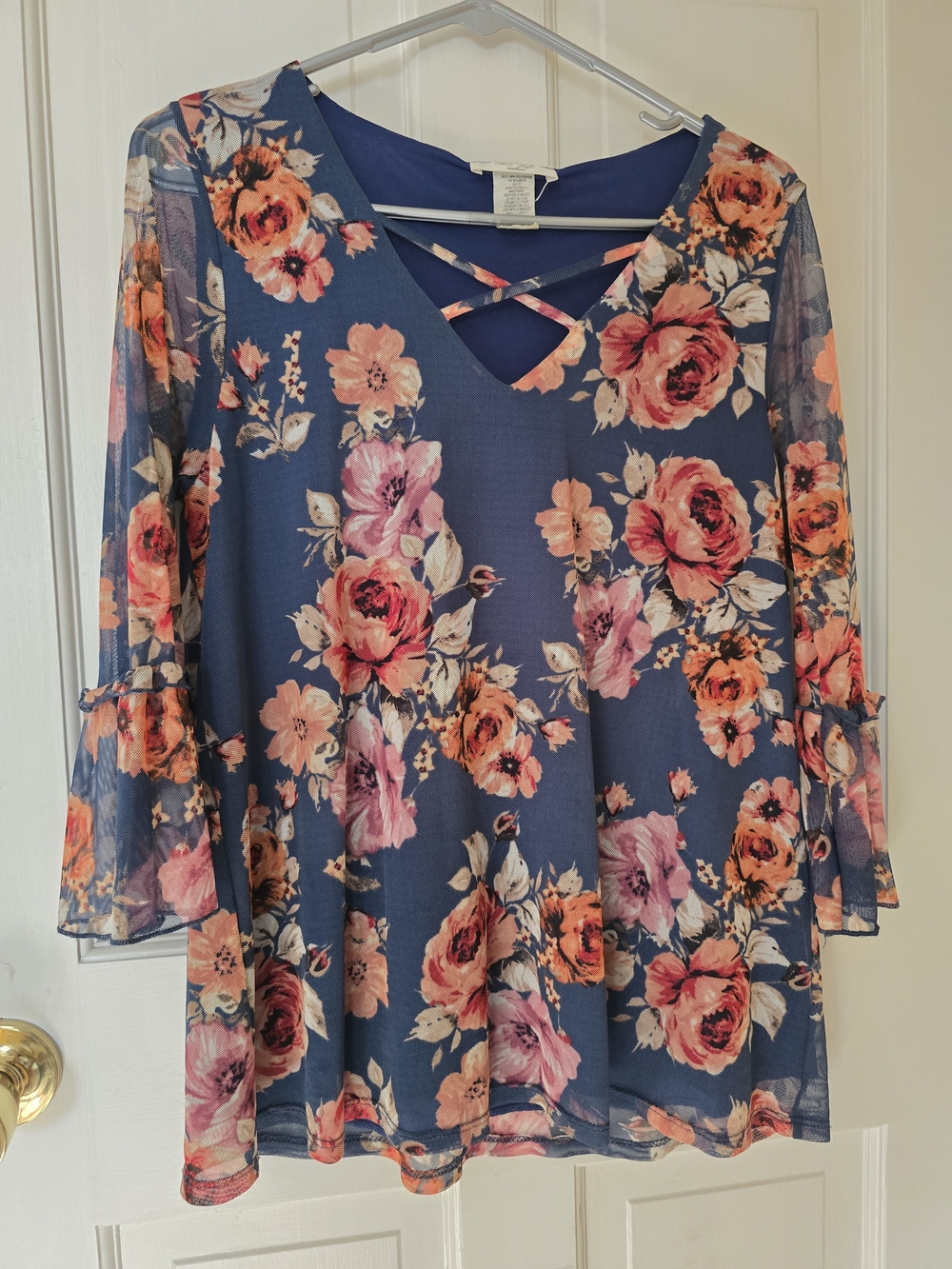 Floral Crisscross V-Neck Blouse in Navy with Pink Floral